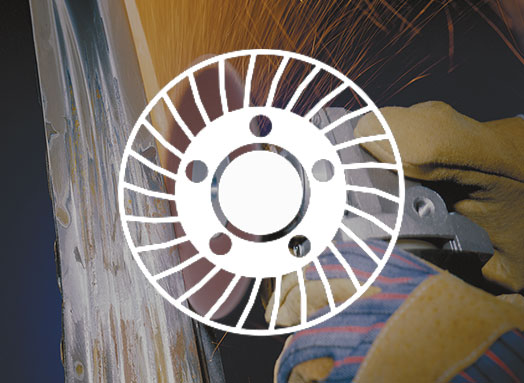 Winkelschleifer mit Trennscheibe schneidet Metall mit einem Icon Schleifscheibe